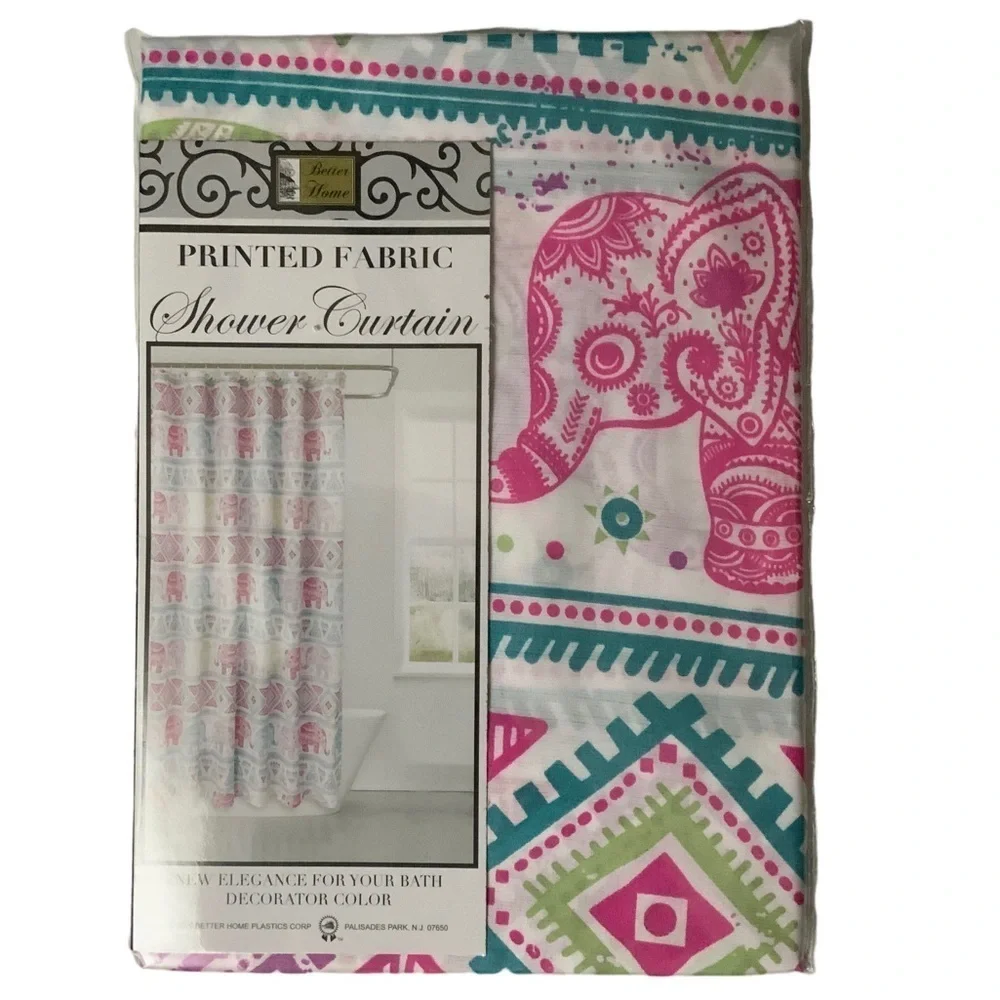 Shower Curtain Elephant Print Fabric Colorful Pink Teal Green NWT 70 x 72 in